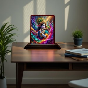 Car Desk/Table Top Lord Krishna Wooden Photo Stand 3x4 Inches, Compact & Stylish Spiritual Display For Car, Home & Office (Pack Of 1) (F15188)