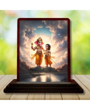 Car Desk/Table Top Lord Ganesha And Karthikeya Wooden Photo Stand 3x4 Inches, Compact & Stylish Spiritual Display For Car, Home & Office (Pack Of 1) (F14367)