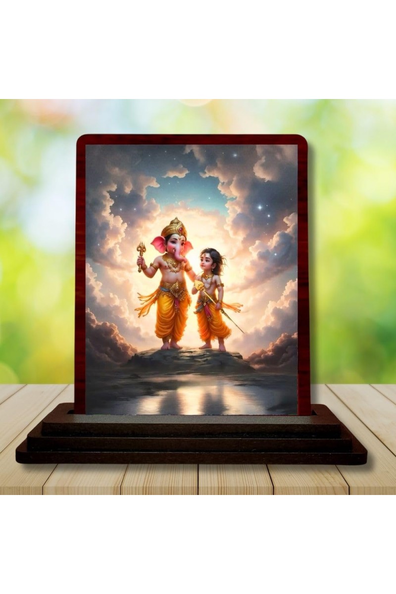 Car Desk/Table Top Lord Ganesha And Karthikeya Wooden Photo Stand 3x4 Inches, Compact & Stylish Spiritual Display For Car, Home & Office (Pack Of 1) (F14367)