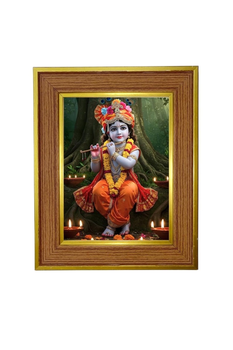 Divine Little Krishna Photo Frame 10x14 Inches-Brown Wooden Frame For Home, Office & Temple Decoration And Gifting (F6386)