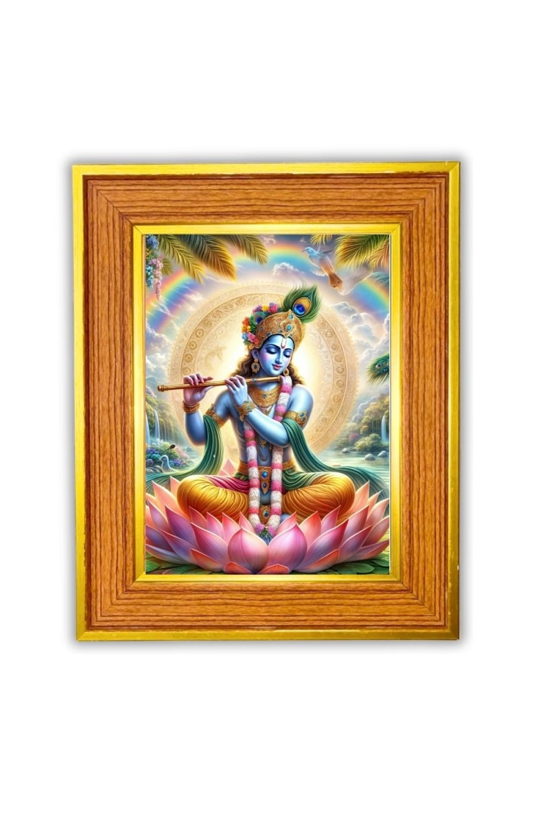 Lord Krishna Photo Frame 18x22 Inches-Brown Wooden Frame For Home, Office & Temple Decoration And Gifting (F6496)