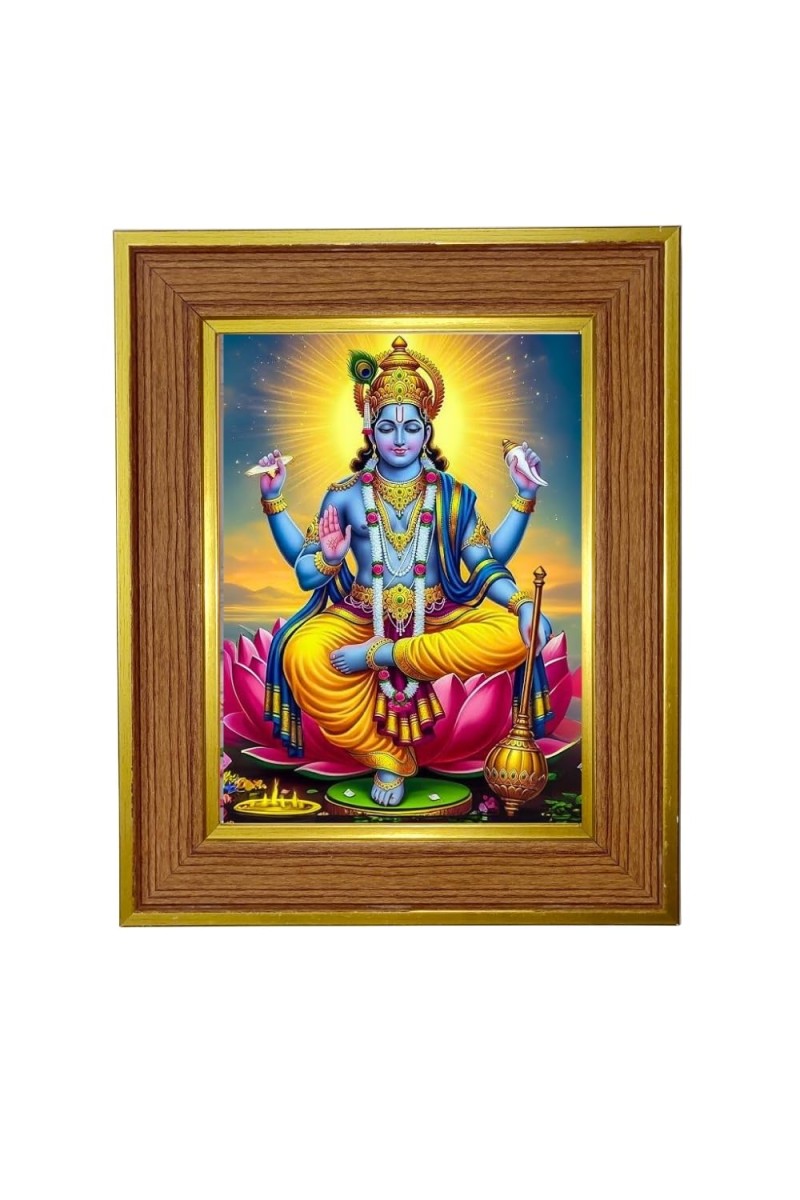 Divine Lord Vishnu Photo Frame 10x14 Inches-Brown Wooden Frame For Home, Office & Temple Decoration And Gifting (F6240)