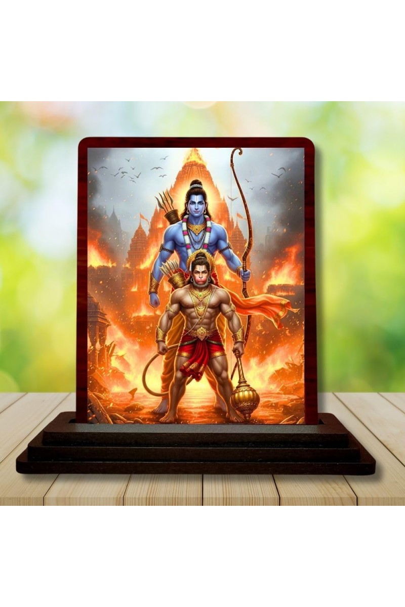 Car Desk/Table Top Lord Rama And Hanuman Wooden Photo Stand 3x4 Inches, Compact & Stylish Spiritual Display For Car, Home & Office (Pack Of 1) (F14307)