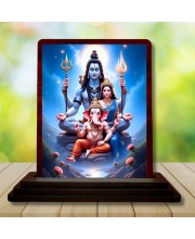 Car Desk/Table Top Lord Shiva And Parvathi And Ganesha Wooden Photo Stand 3x4 Inches, Compact & Stylish Spiritual Display For Car, Home & Office (Pack Of 1) (F14614)