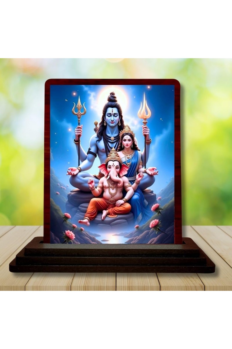 Car Desk/Table Top Lord Shiva And Parvathi And Ganesha Wooden Photo Stand 3x4 Inches, Compact & Stylish Spiritual Display For Car, Home & Office (Pack Of 1) (F14614)