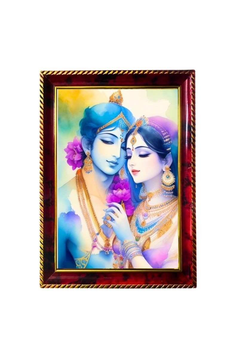 Radha Krishna Photo Frame For Wall & Table | 7x9 Inch Golden Cherry Finish | Decorative Radha Krishna Photo Frame For Home, Office & Pooja Room (F11578)