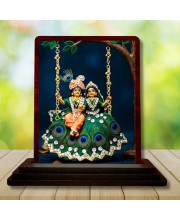 Car Desk/Table Top Radha Krishna Wooden Photo Stand 3x4 Inches, Compact & Stylish Spiritual Display For Car, Home & Office (Pack Of 1) (F14522)