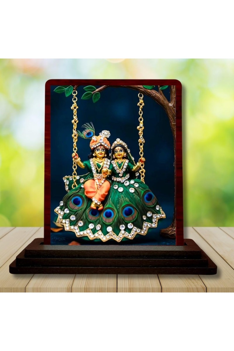 Car Desk/Table Top Radha Krishna Wooden Photo Stand 3x4 Inches, Compact & Stylish Spiritual Display For Car, Home & Office (Pack Of 1) (F14522)