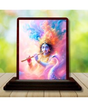 Car Desk/Table Top Lord Krishna Wooden Photo Stand 3x4 Inches, Compact & Stylish Spiritual Display For Car, Home & Office (Pack Of 1) (F14625)