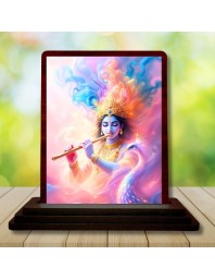 Car Desk/Table Top Lord Krishna Wooden Photo Stand 3x4 Inches, Compact & Stylish Spiritual Display For Car, Home & Office (Pack Of 1) (F14625)