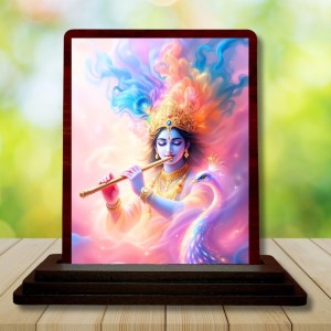 Car Desk/Table Top Lord Krishna Wooden Photo Stand 3x4 Inches, Compact & Stylish Spiritual Display For Car, Home & Office (Pack Of 1) (F14625)