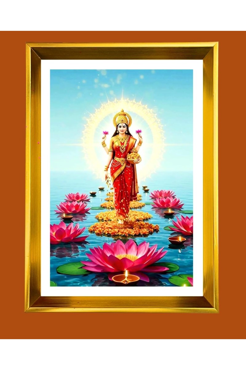 Mata Lakhsmi Golden Photo Frame - 16x20 Inches | Elegant Wooden Frame For Home, Office & Temple Decoration | Spiritual Wall & Table Decor And Gift Item (F9475)