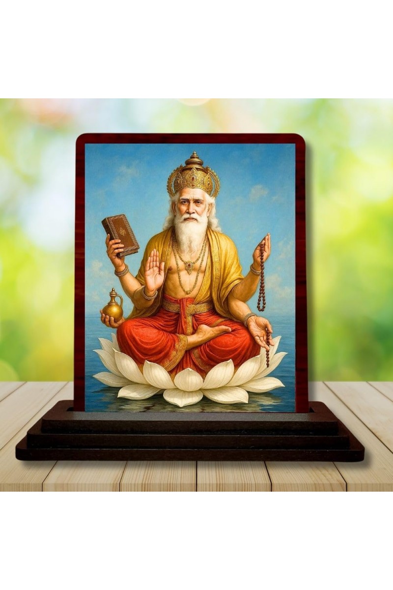 Car Desk/Table Top Lord Bramha Wooden Photo Stand 3x4 Inches, Compact & Stylish Spiritual Display For Car, Home & Office (Pack Of 1) (F14332)