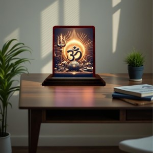 Car Desk/Table Top Om Symbol Wooden Photo Stand 3x4 Inches, Compact & Stylish Spiritual Display For Car, Home & Office (Pack Of 1) (F14449)