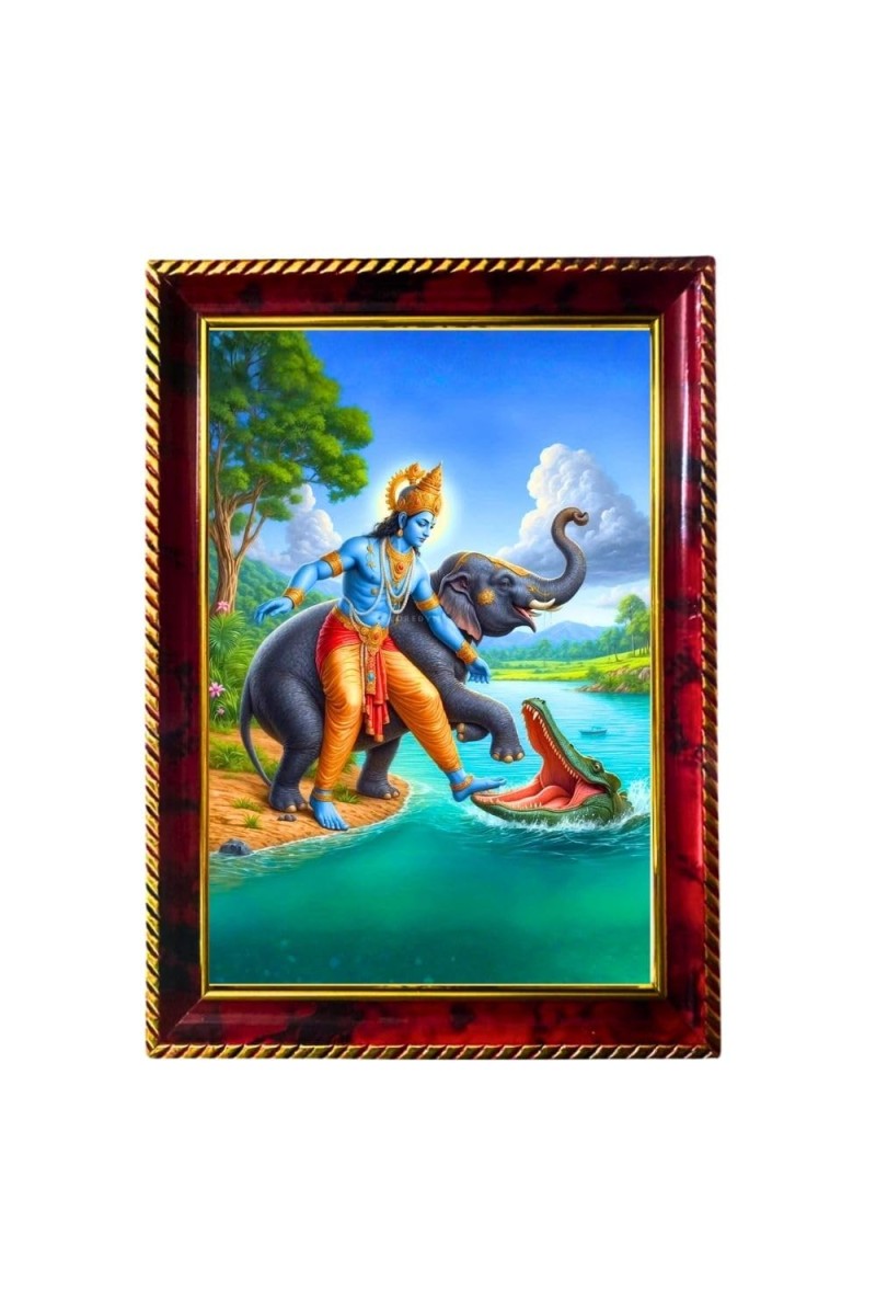 Lord Gajendra Moksha Photo Frame For Wall & Table | 7x9 Inch Golden Cherry Finish | Decorative Lord Gajendra Moksha Photo Frame For Home, Office & Pooja Room (F11438)
