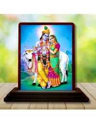 Car Desk/Table Top Lord Radha Krishna Wooden Photo Stand 3x4 Inches, Compact & Stylish Spiritual Display For Car, Home & Office (Pack Of 1) (F15111)