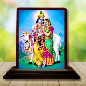 Car Desk/Table Top Lord Radha Krishna Wooden Photo Stand 3x4 Inches, Compact & Stylish Spiritual Display For Car, Home & Office (Pack Of 1) (F15111)