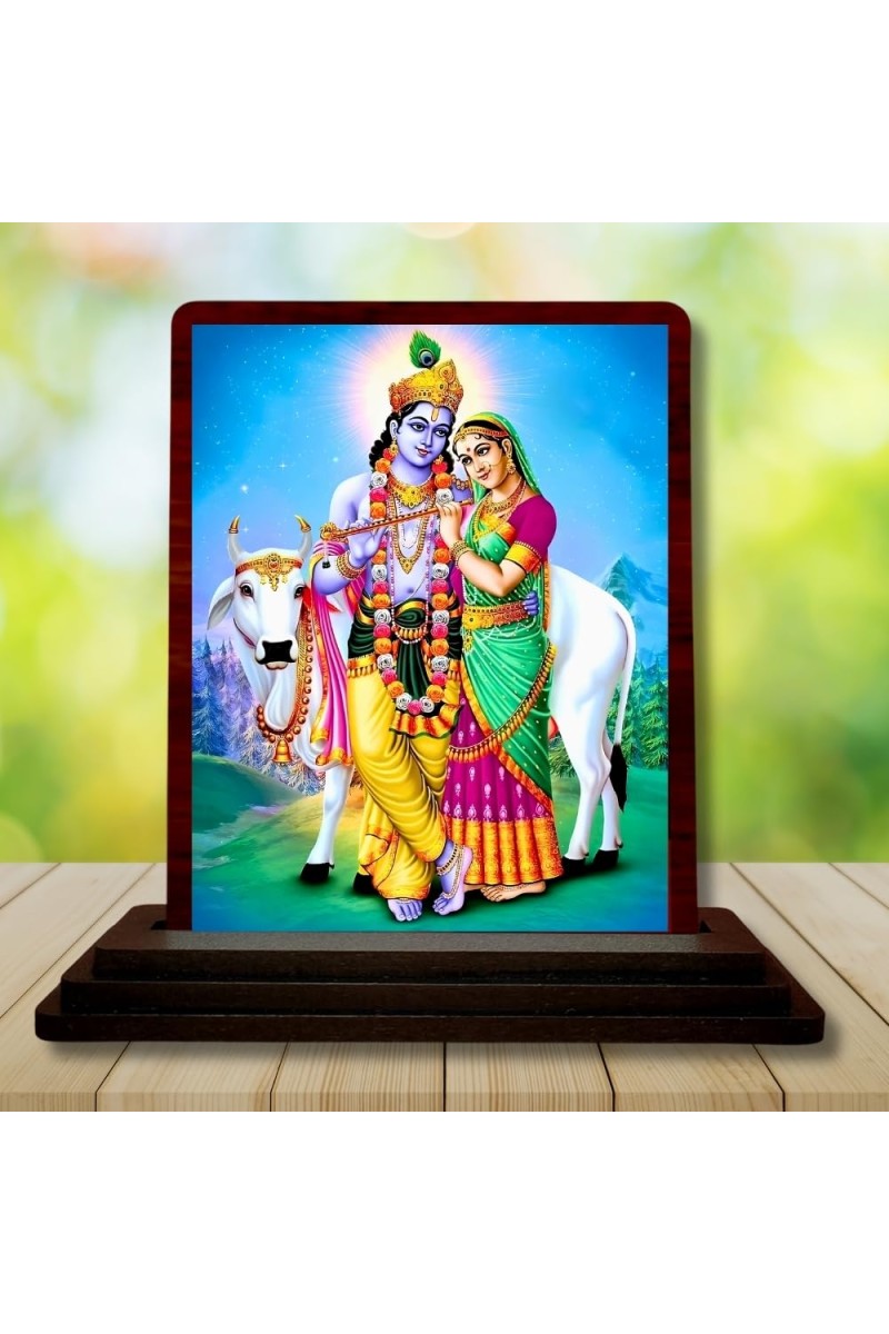 Car Desk/Table Top Lord Radha Krishna Wooden Photo Stand â€“ 3x4 Inches, Compact & Stylish Spiritual Display For Car, Home & Office (Pack Of 1) (F15111)