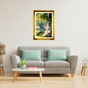 Little Krishna Golden Photo Frame - 14x18 Inches | Elegant Wooden Frame For Home, Office & Temple Decoration | Spiritual Wall & Table Decor And Gift Item (F9920)