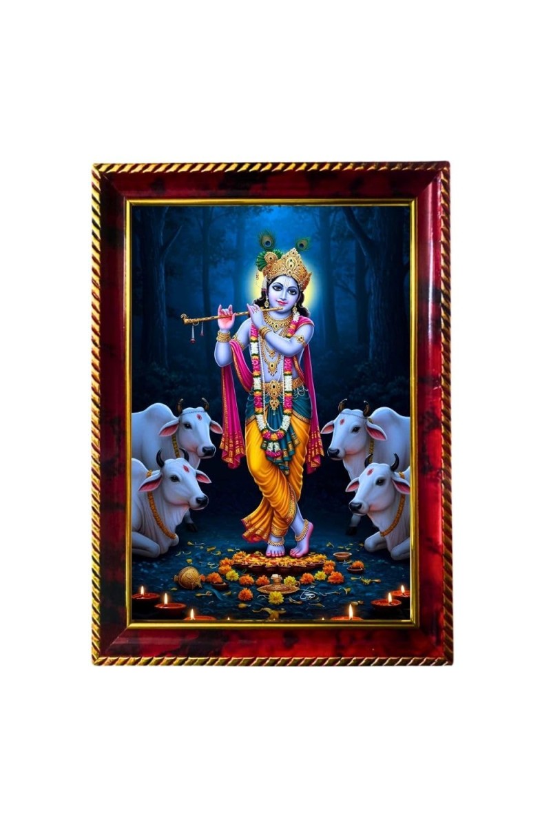 Lord Krishna Photo Frame For Wall & Table | 7x9 Inch Golden Cherry Finish | Decorative Lord Krishna Photo Frame For Home, Office & Pooja Room (F11562)