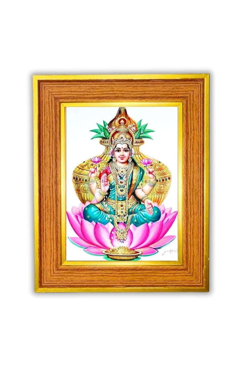 Goddess Lakshmi Photo Frame 18x22 Inches-Brown Wooden Frame For Home, Office & Temple Decoration And Gifting (F6485)