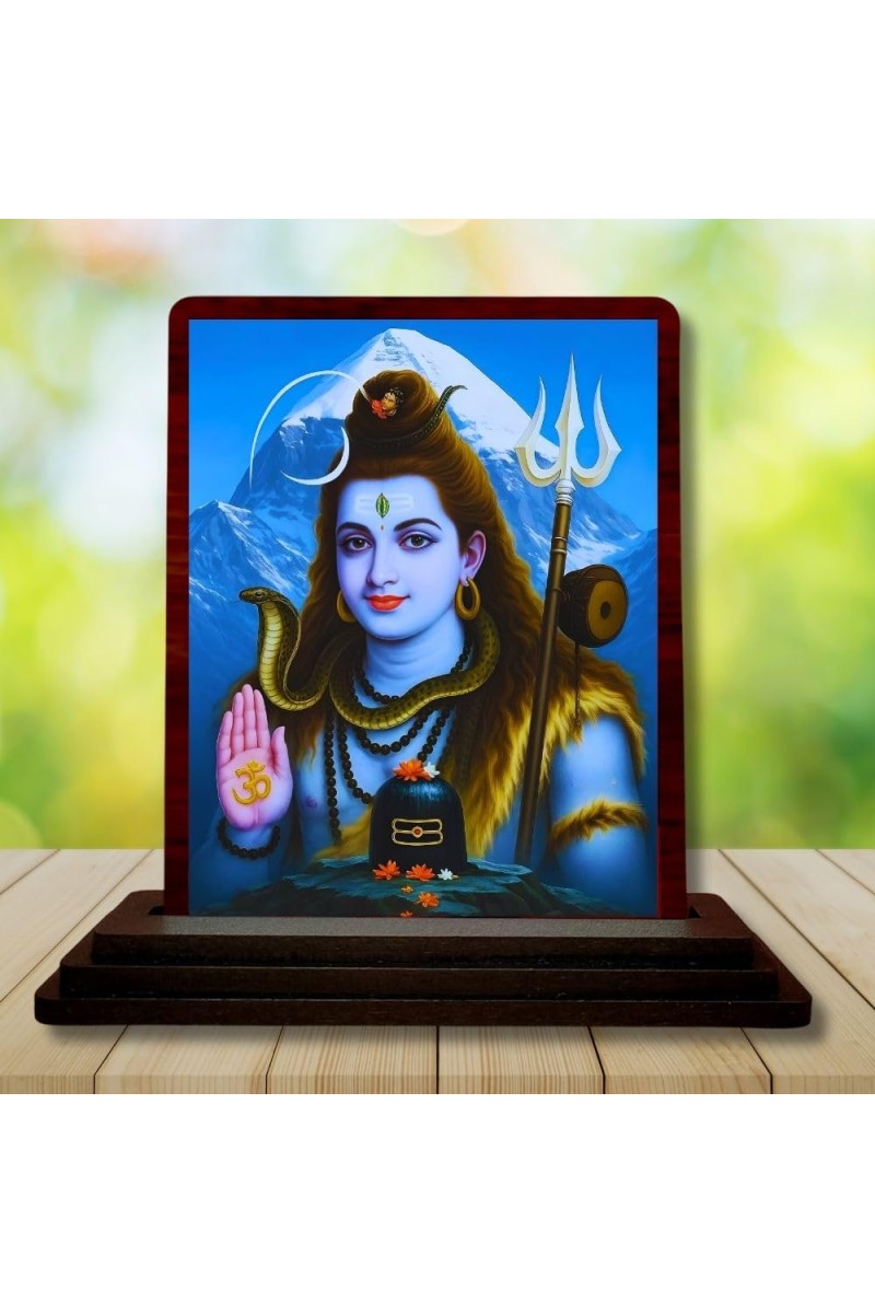 Car Desk/Table Top Lord Shiva Wooden Photo Stand 3x4 Inches, Compact & Stylish Spiritual Display For Car, Home & Office (Pack Of 1) (F14183)