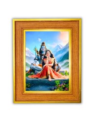 Lord Shiva And Parvati Photo Frame 10x14 Inches-Brown Wooden Frame For Home, Office & Temple Decoration And Gifting (F6457)