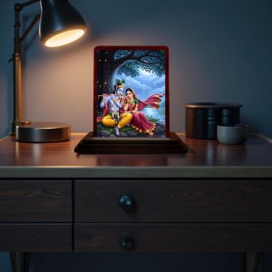 Car Desk/Table Top Radha Krishna Wooden Photo Stand 3x4 Inches, Compact & Stylish Spiritual Display For Car, Home & Office (Pack Of 1) (F14273)