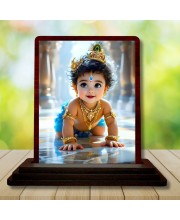 Car Desk/Table Top Lord Krishna Wooden Photo Stand 3x4 Inches, Compact & Stylish Spiritual Display For Car, Home & Office (Pack Of 1) (F14490)