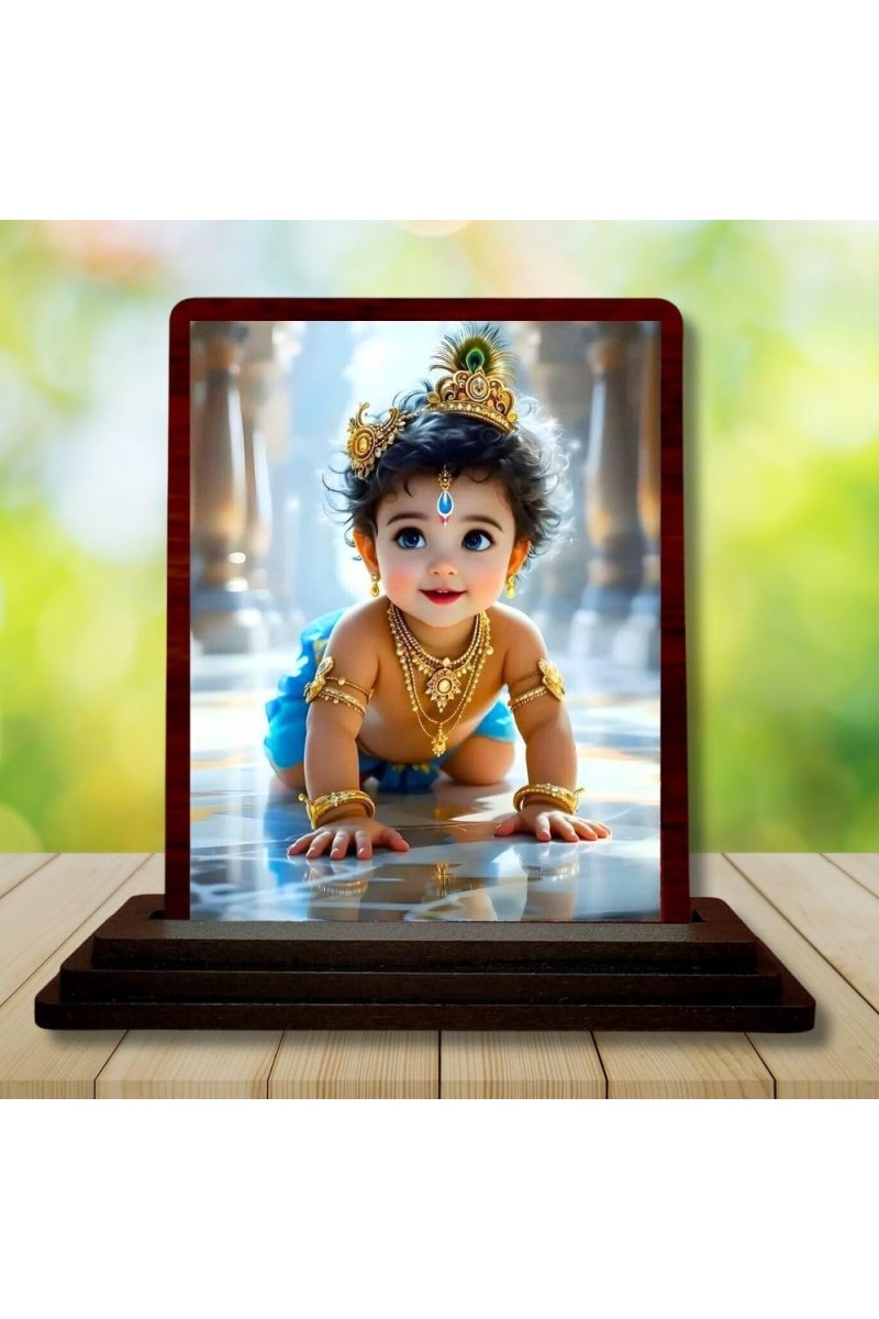 Car Desk/Table Top Lord Krishna Wooden Photo Stand 3x4 Inches, Compact & Stylish Spiritual Display For Car, Home & Office (Pack Of 1) (F14490)