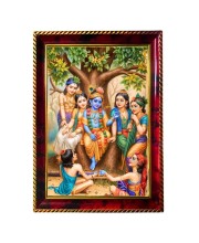 Lord Krishna With Friends Photo Frame For Wall & Table | 7x9 Inch Golden Cherry Finish | Decorative Lord Krishna With Friends Photo Frame For Home, Office & Pooja Room (F11431)