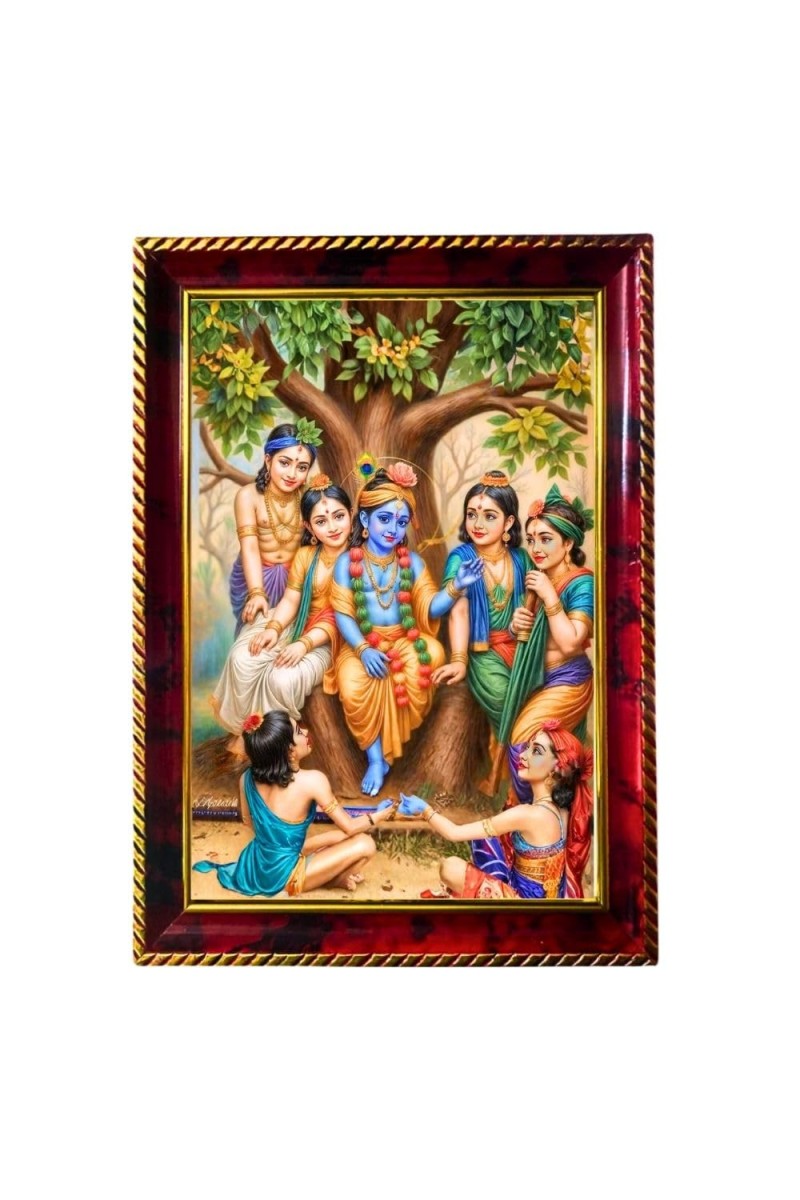 Lord Krishna With Friends Photo Frame For Wall & Table | 7x9 Inch Golden Cherry Finish | Decorative Lord Krishna With Friends Photo Frame For Home, Office & Pooja Room (F11431)