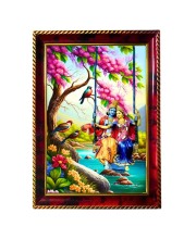 Radha Krishna On Swing Photo Frame For Wall & Table | 7x9 Inch Golden Cherry Finish | Decorative Radha Krishna On Swing Photo Frame For Home, Office & Pooja Room (F11397)