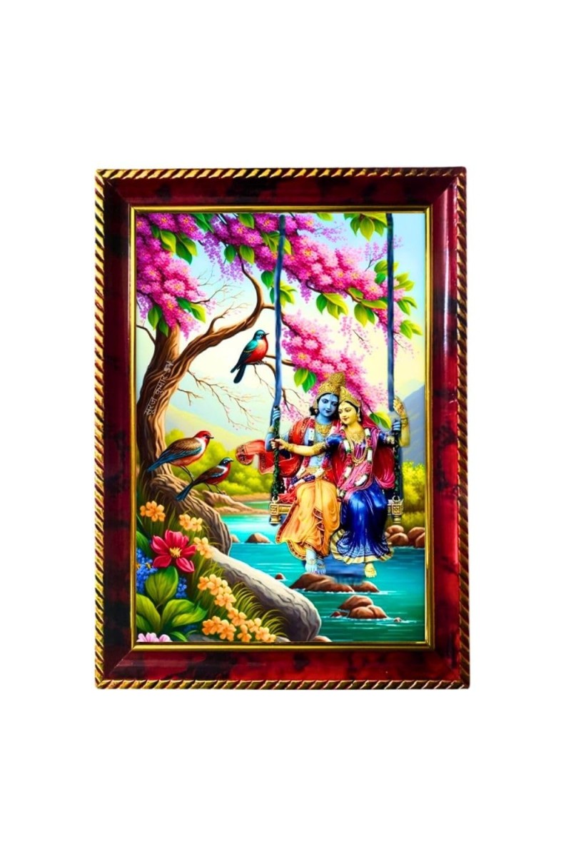 Radha Krishna On Swing Photo Frame For Wall & Table | 7x9 Inch Golden Cherry Finish | Decorative Radha Krishna On Swing Photo Frame For Home, Office & Pooja Room (F11397)