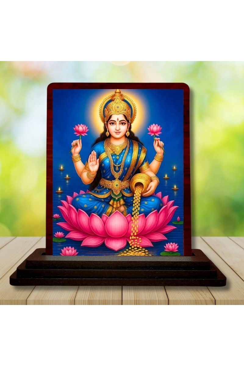 Car Desk/Table Top Goddess Lakshmi Wooden Photo Stand 3x4 Inches, Compact & Stylish Spiritual Display For Car, Home & Office (Pack Of 1) (F14527)