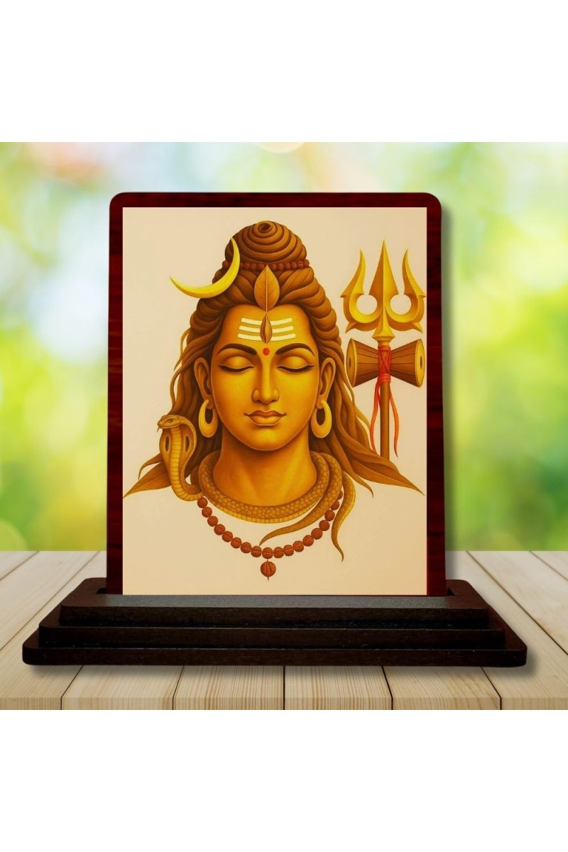 Car Desk/Table Top Lord Shiva Wooden Photo Stand 3x4 Inches, Compact & Stylish Spiritual Display For Car, Home & Office (Pack Of 1) (F14180)