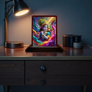 Car Desk/Table Top Lord Krishna Wooden Photo Stand 3x4 Inches, Compact & Stylish Spiritual Display For Car, Home & Office (Pack Of 1) (F14245) Car Desk/Table Top Lord Krishna Wooden Photo Stand 3x4 Inches, Compact & Stylish Spiritual Display For Car, Home & Office (Pack Of 1) (F14245)