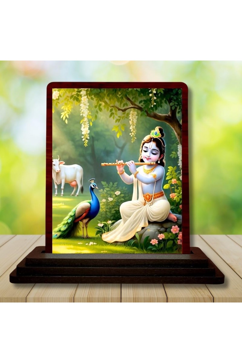 Car Desk/Table Top Lord Krishna Wooden Photo Stand 3x4 Inches, Compact & Stylish Spiritual Display For Car, Home & Office (Pack Of 1) (F14515)