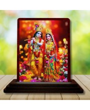 Car Desk/Table Top Radha Krishna Wooden Photo Stand 3x4 Inches, Compact & Stylish Spiritual Display For Car, Home & Office (Pack Of 1) (F14226)