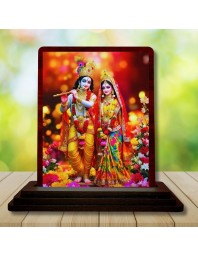 Car Desk/Table Top Radha Krishna Wooden Photo Stand 3x4 Inches, Compact & Stylish Spiritual Display For Car, Home & Office (Pack Of 1) (F14226)