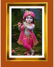 Divine Little Krishna Golden Photo Frame - 10x14 Inches | Elegant Wooden Frame For Home, Office & Temple Decoration | Spiritual Wall & Table Decor and Gift Item
