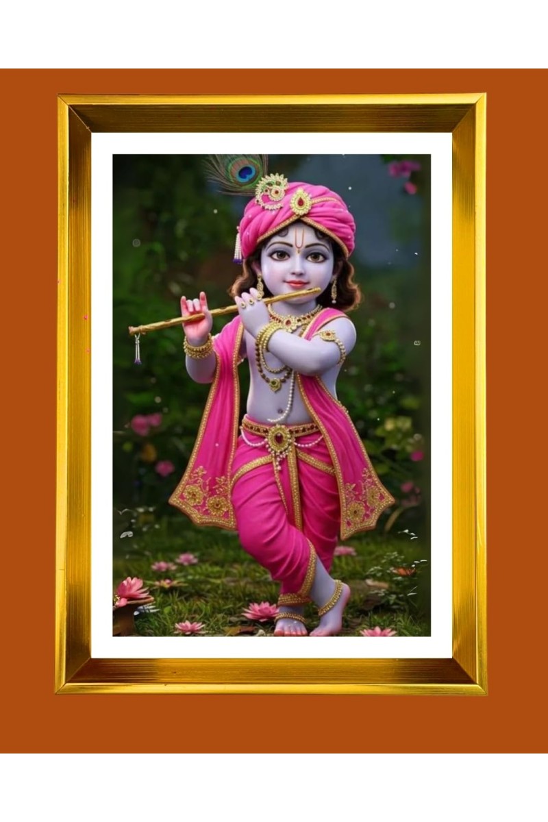 Divine Little Krishna Golden Photo Frame - 10x14 Inches | Elegant Wooden Frame For Home, Office & Temple Decoration | Spiritual Wall & Table Decor and Gift Item