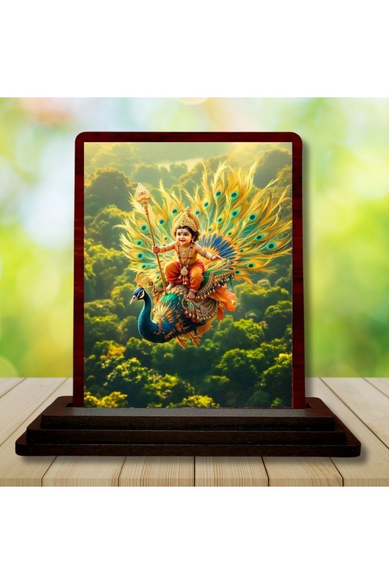Car Desk/Table Top Lord Murugan Wooden Photo Stand 3x4 Inches, Compact & Stylish Spiritual Display For Car, Home & Office (Pack Of 1) (F14364)