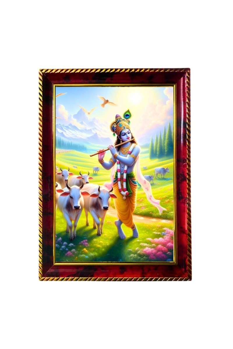 Lord Krishna Photo Frame For Wall & Table | 7x9 Inch Golden Cherry Finish | Decorative Lord Krishna Photo Frame For Home, Office & Pooja Room (F11410)