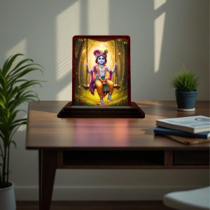 Car Desk/Table Top Lord Krishna Wooden Photo Stand 3x4 Inches, Compact & Stylish Spiritual Display For Car, Home & Office (Pack Of 1) (F14298)