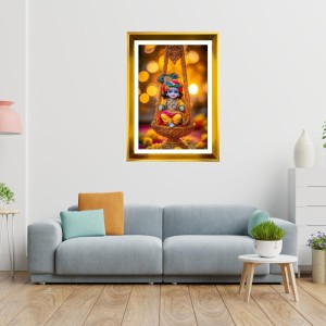 Little Krishna Golden Photo Frame - 10x14 Inches | Elegant Wooden Frame For Home, Office & Temple Decoration | Spiritual Wall & Table Decor and Gift Item