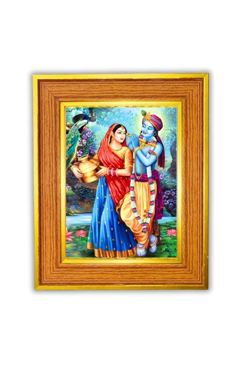 Radha And Krishna Photo Frame 10x14 Inches-Brown Wooden Frame For Home, Office & Temple Decoration And Gifting (F6438)