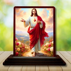 Car Desk/Table Top Lord Jesus Wooden Photo Stand 3x4 Inches, Compact & Stylish Spiritual Display For Car, Home & Office (Pack Of 1) (F14462)