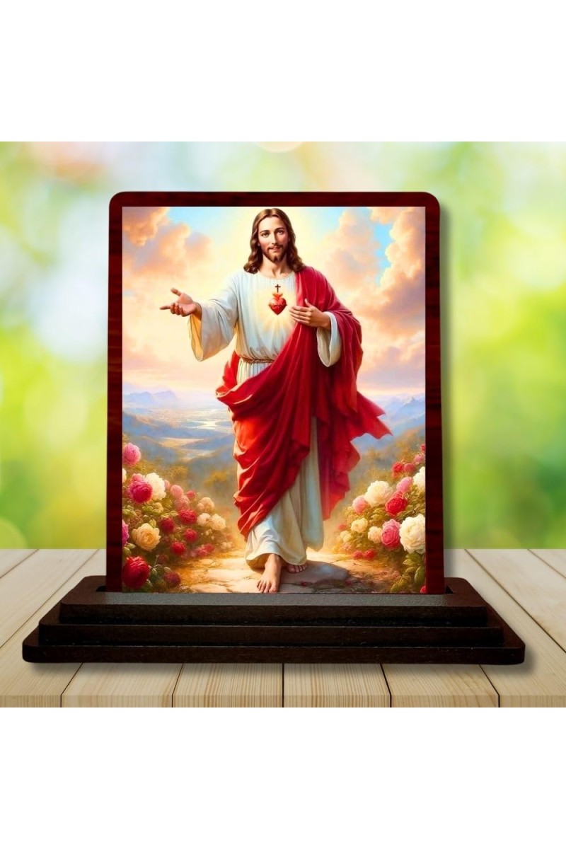 Car Desk/Table Top Lord Jesus Wooden Photo Stand 3x4 Inches, Compact & Stylish Spiritual Display For Car, Home & Office (Pack Of 1) (F14462)
