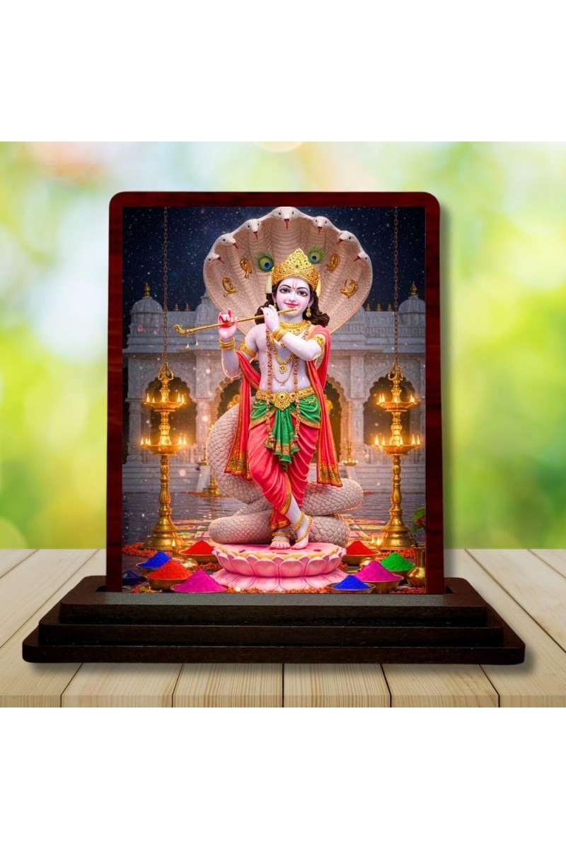 Car Desk/Table Top Lord Krishna Wooden Photo Stand 3x4 Inches, Compact & Stylish Spiritual Display For Car, Home & Office (Pack Of 1) (F14430)